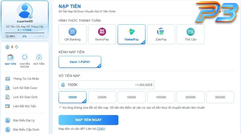 Hướng dẫn nạp tiền P3 dành cho người mới tham gia cá cược 5 ViettelPay là cách nạp tiền nhà cái P3 khá nhanh